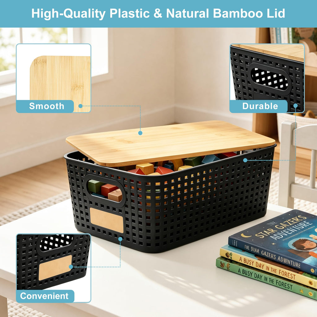 Small Plastic Storage Bins with Bamboo Lids 5.2qt Stackable Box Basket Pantry Decorative Containers Cute with Lable