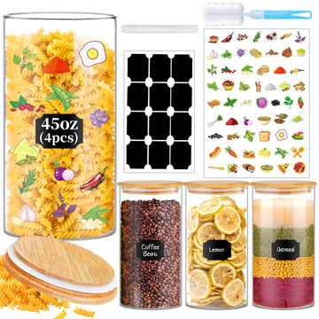 Glass Storage Jars 45 oz 4 Pcs Clear Glass Food Storage Containers with Airtight Bamboo Lid Stackable Kitchen