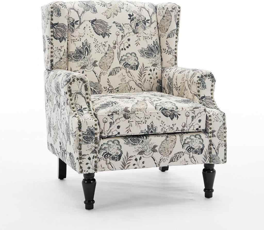 Floral High Back Accent Chairs Set of 2, Wingback Armchair in Fabric | Printed Upholstered Reading Seat with