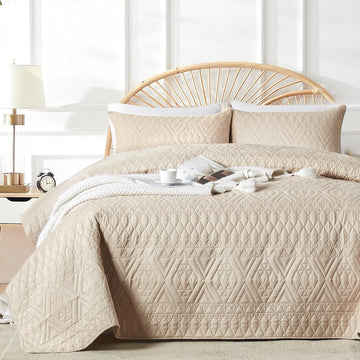 Quilt Bedding Set,Beige Lightweight Microfiber Soft Bedspread,Modern Style Geoetric Pattern Coverlet Set