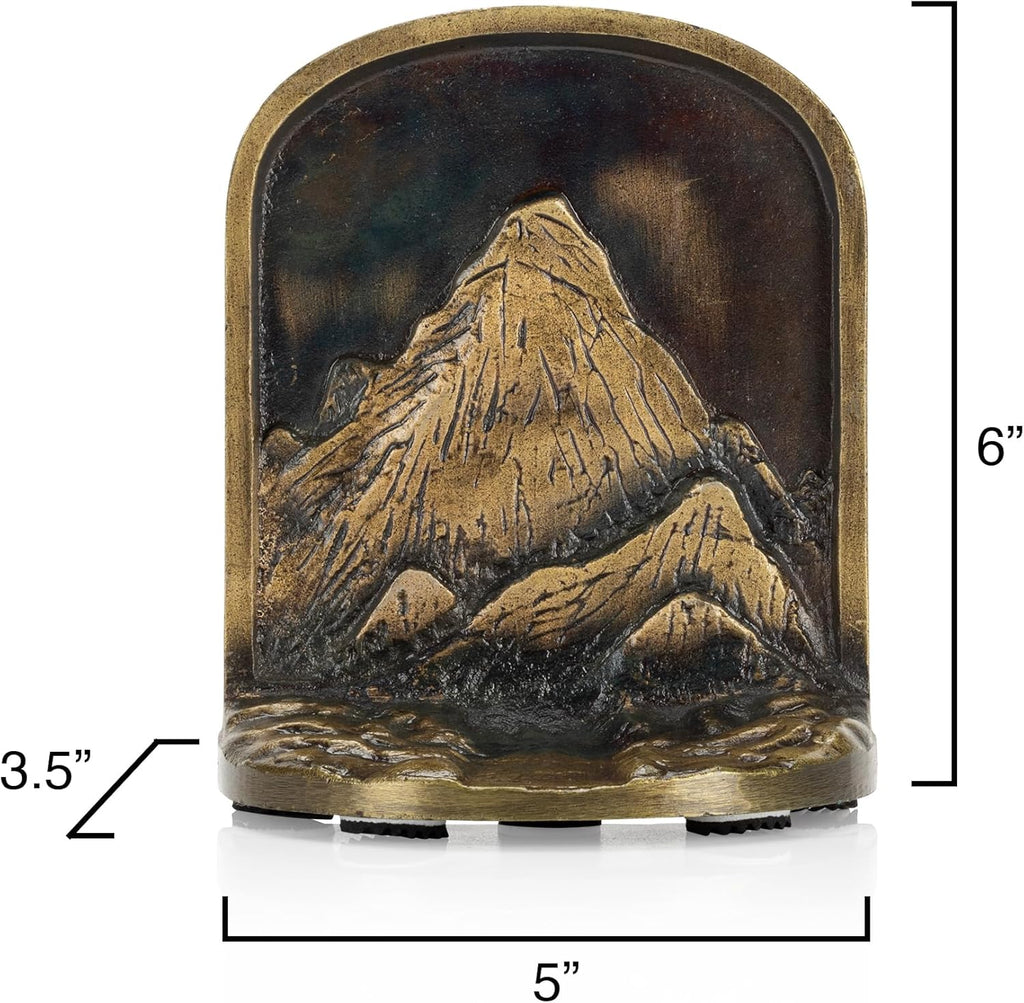 Cast Iron Mountain Bookends Set, Antique Brass Book Ends, 2 Decorative Book Holders for Shelves or Bookcase, Stylish