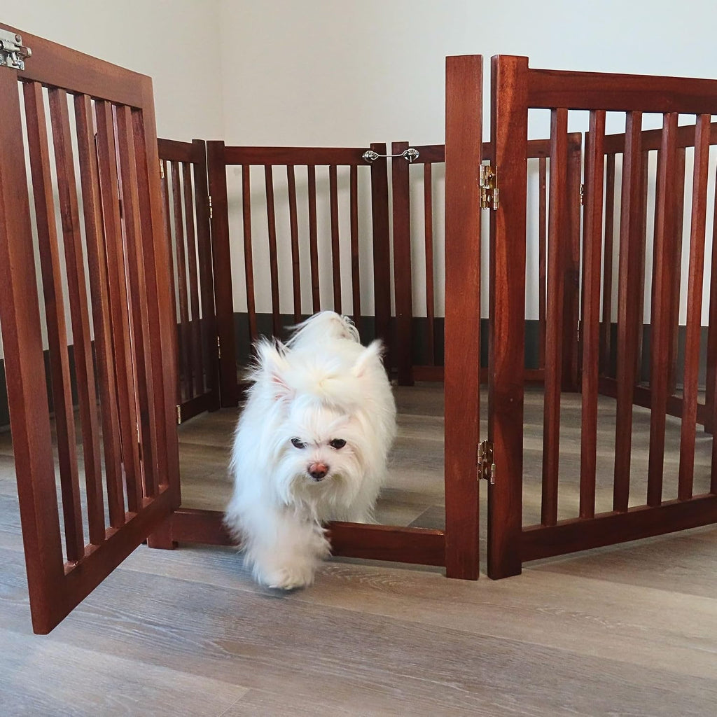 Extra Wide 8-Panel Freestanding Indoor Pet Gate with Door / 142" W, 24" H/Foldable, Solid Acacia Wood, Portable