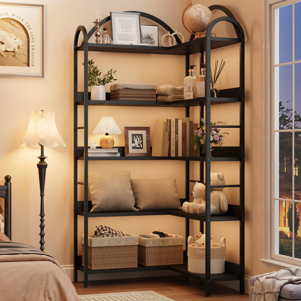 Arched Bookshelf Corner Bookcase, L Shaped Bookshelf Industrial Corner Bookshelves, Large Bookcase with Metal Frame