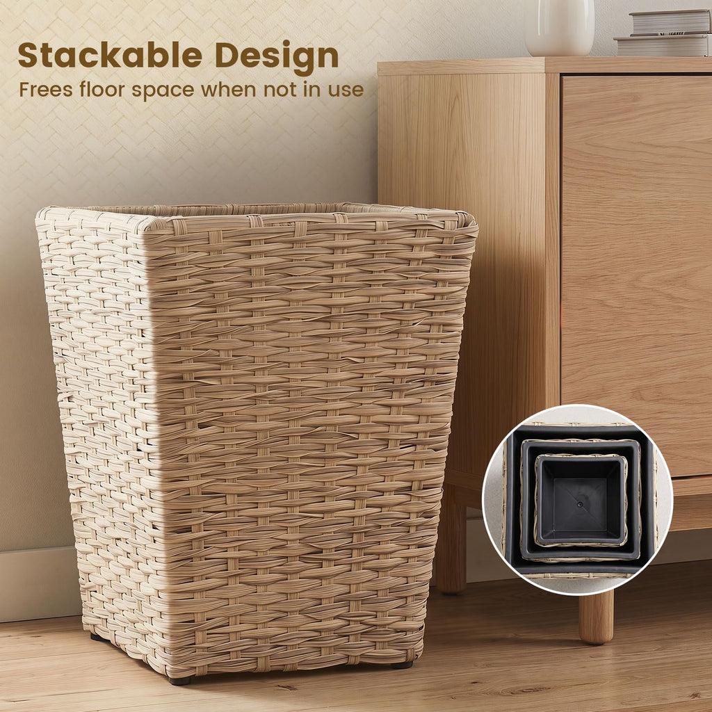 3-Piece Rattan Planter Box Kit, Wicker Planters with Removable Plastic Liners for Indoor & Outdoor Plants