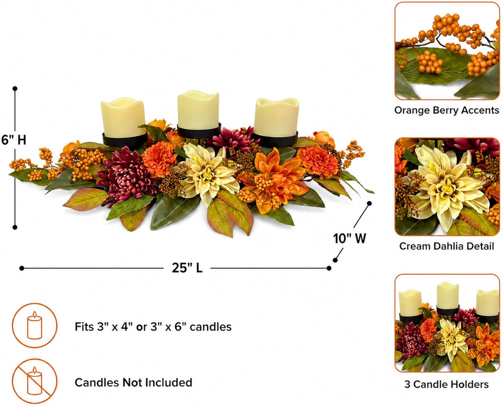 25 Inch Fall 3 Candle Holder Centerpiece with Dahlias and Mums
