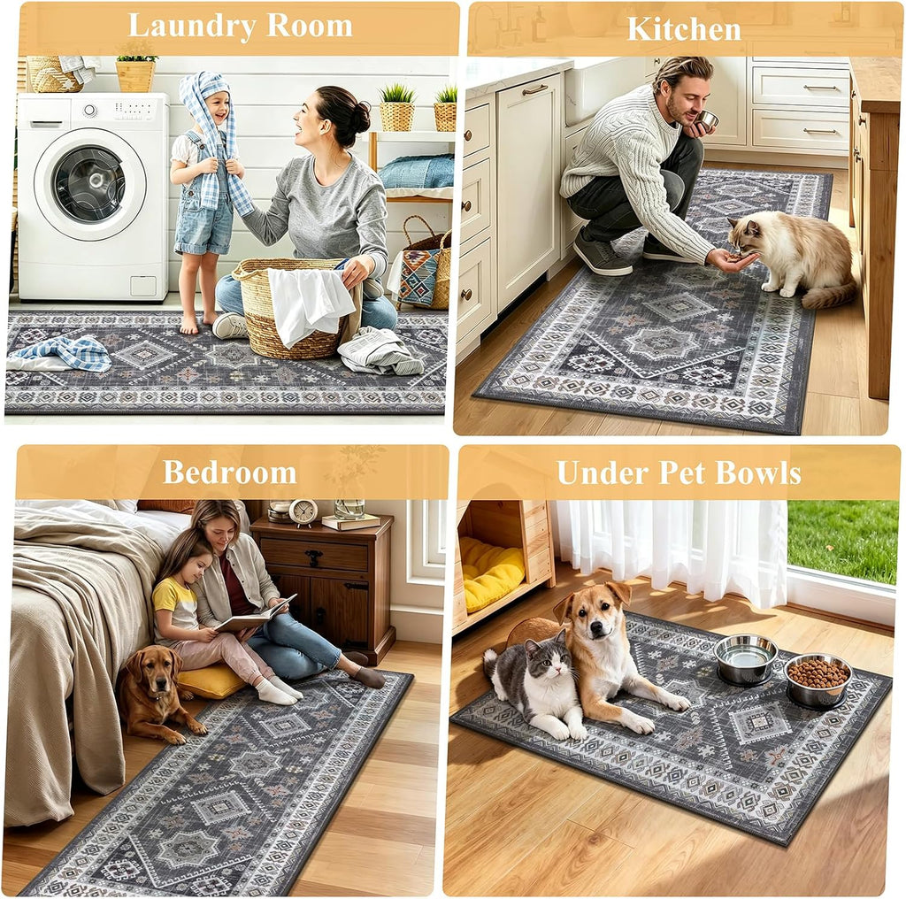 Boho Kitchen Rugs Set of 3, Non Slip Washable Kitchen Mats for Floor | Farmhouse Kitchen Runner Rug Set, Soft Vintage