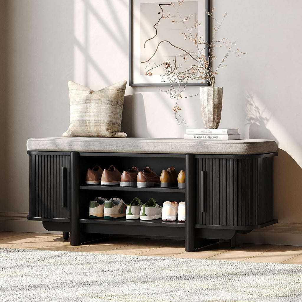 Entryway Shoe Storage Bench with Sliding Doors, 2-Tier Upholstered Shoe Rack Bench with Hidden Storage, Wooden Shoe