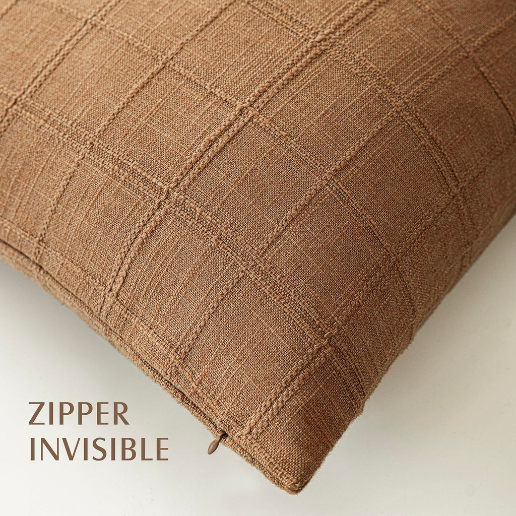 Textured Linen Check Lumbar Throw Pillow Covers 12×24 Inch, Brick