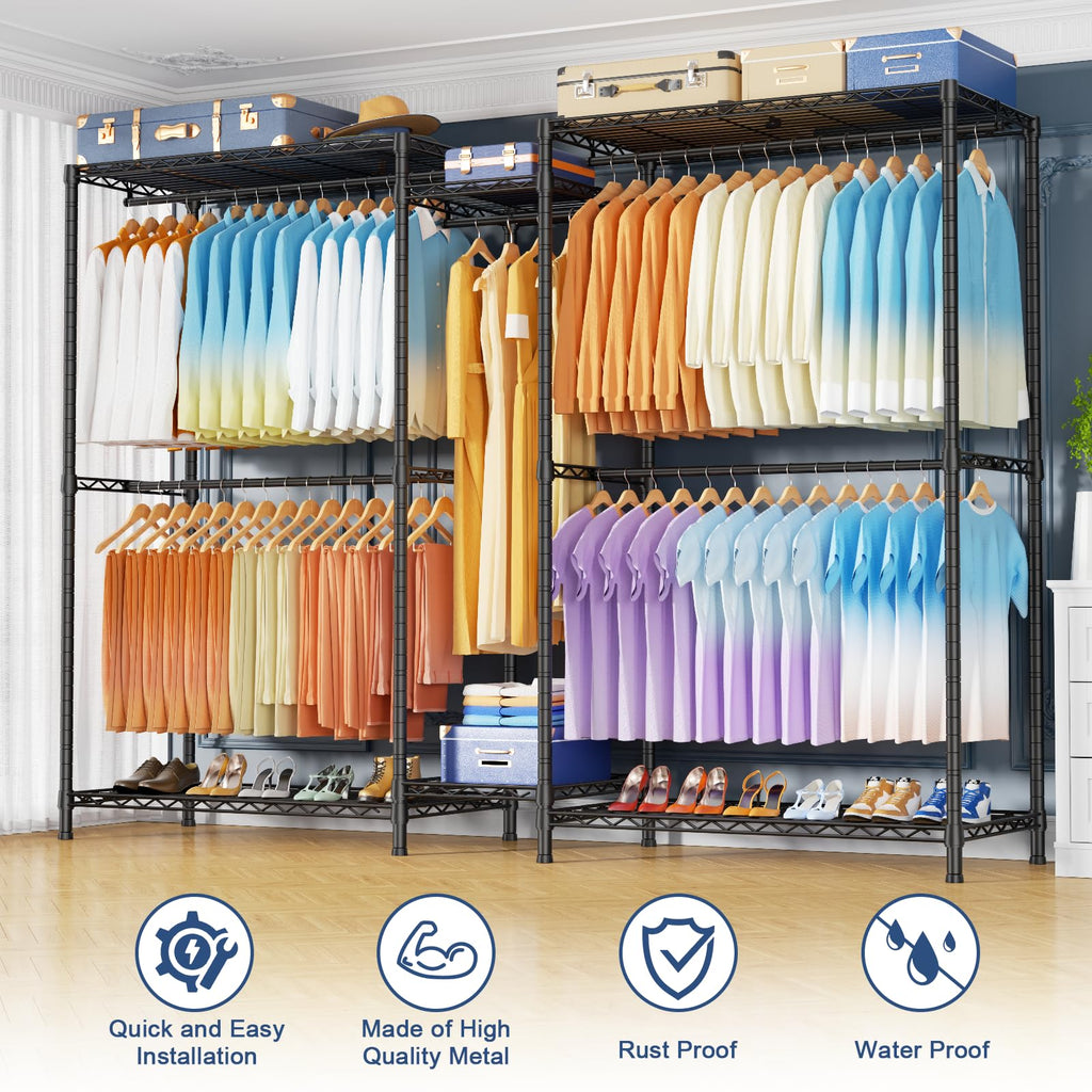 E12 Max Clothes Rack, Heavy Duty Freestanding Garment Rack with Shelves, Metal Clothing Closet Storage System for