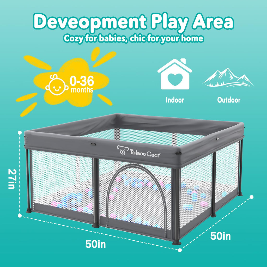 Foldable Baby Playpen for Babies and Toddlers, 50x50 Inch Portable Play Yard, Collapsible Play Pen with Mat, Visible