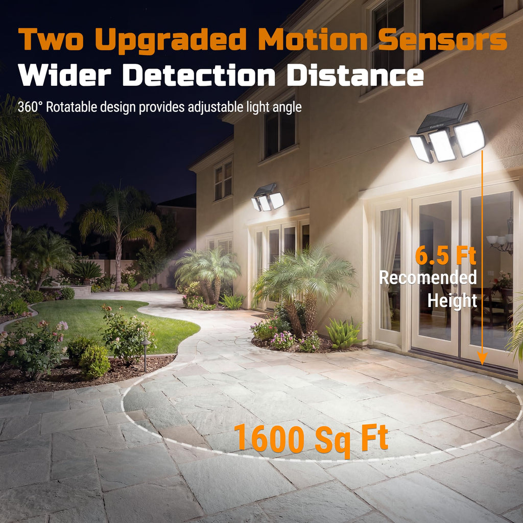 2PK Solar Motion Sensor Lights, 3 Heads, IP65 Waterproof Outdoor