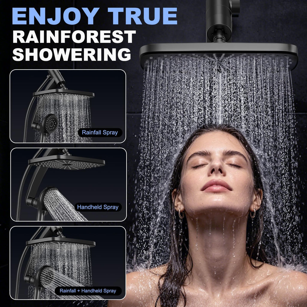 12 Inch High Pressure Rainfall Shower Head Combo, 9 Settings Handheld Shower