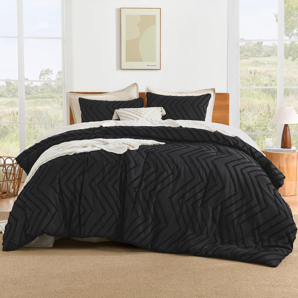Black Super King Plus Comforter Set, 3 Pcs Boho Tufted Bedding Set