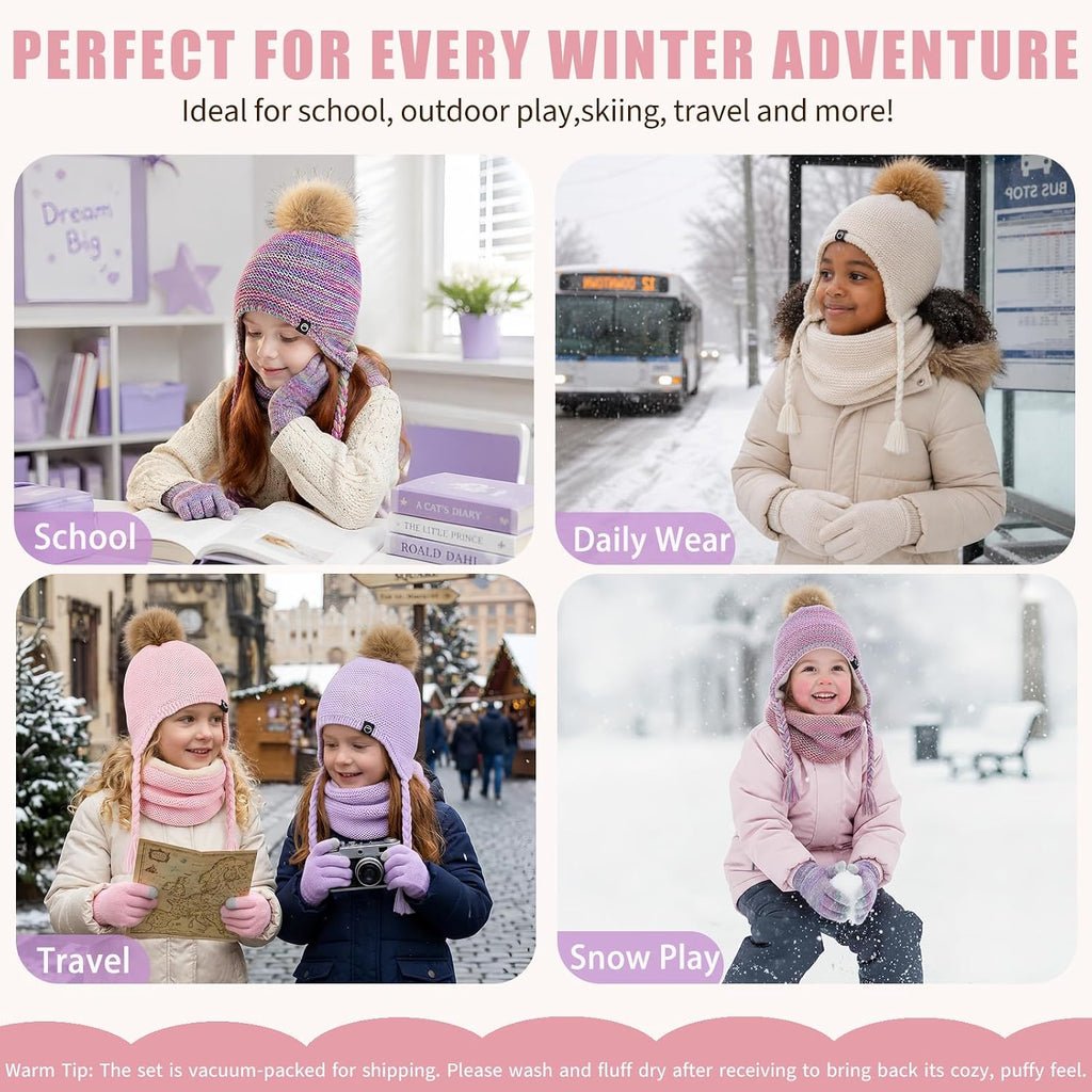 Kids Winter Hat Gloves Scarf Set Warm Earflaps Soft Fleece Lined