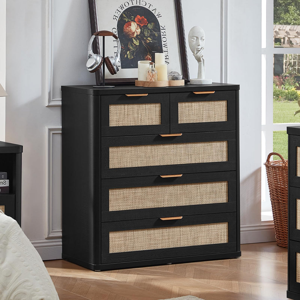 Rattan Dresser Set of 2, 33.5" Tall Chest of Drawers, Modern 5 Drawers Boho Dressers with Storage, Light Oak Dresser