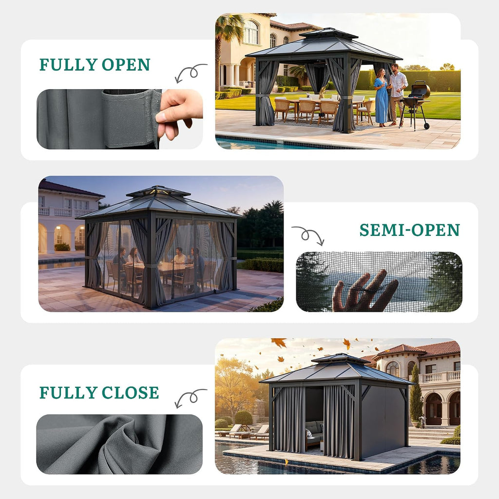 10x10FT Gazebo Polycarbonate Hardtop Double Roof Canopy Outdoor with Netting and Shaded Curtains