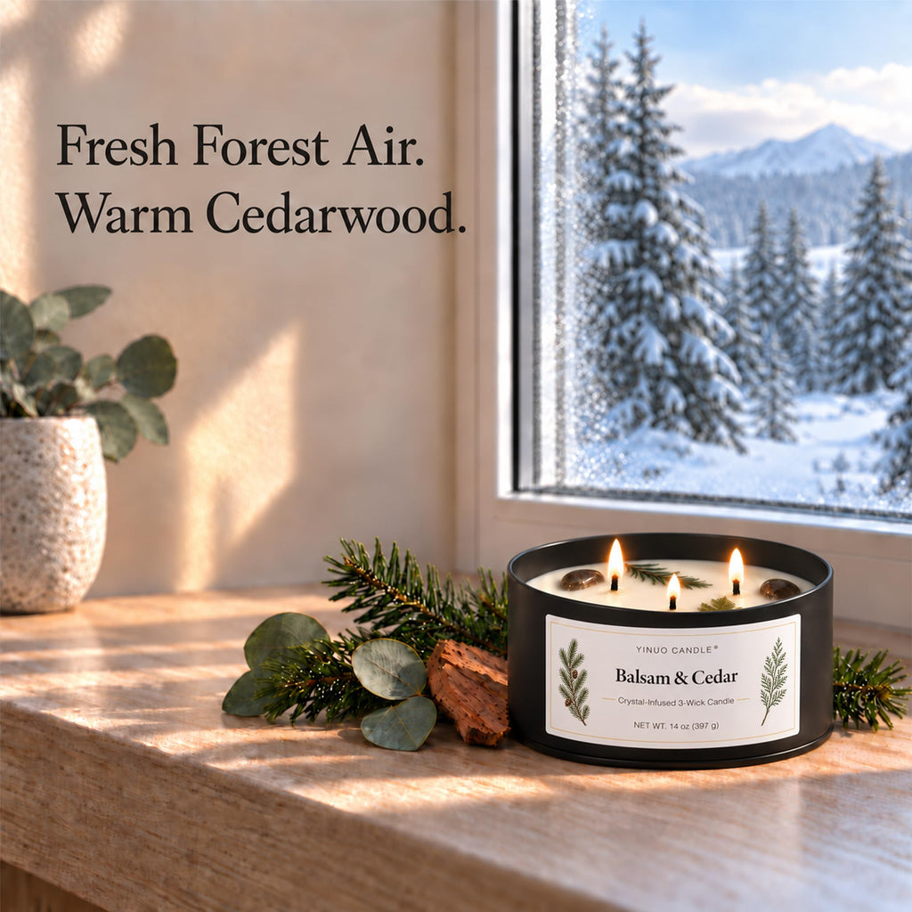 Balsam & Cedar Scented Candles, 14 oz 3-Wick Crystal-Infused