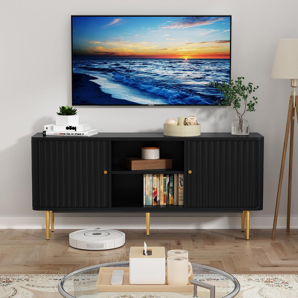 55" Mid Century Modern Fluted TV Stand for TVs up to 65 Inch,Black | Entertainment Center w/ Storage Cabinet & Open