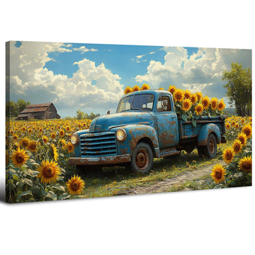 Sunflower Pictures Wall Decor Farmhouse Barn Truck Wall Art Sunflower Field Canvas Prints Bathroom Vintage Yellow