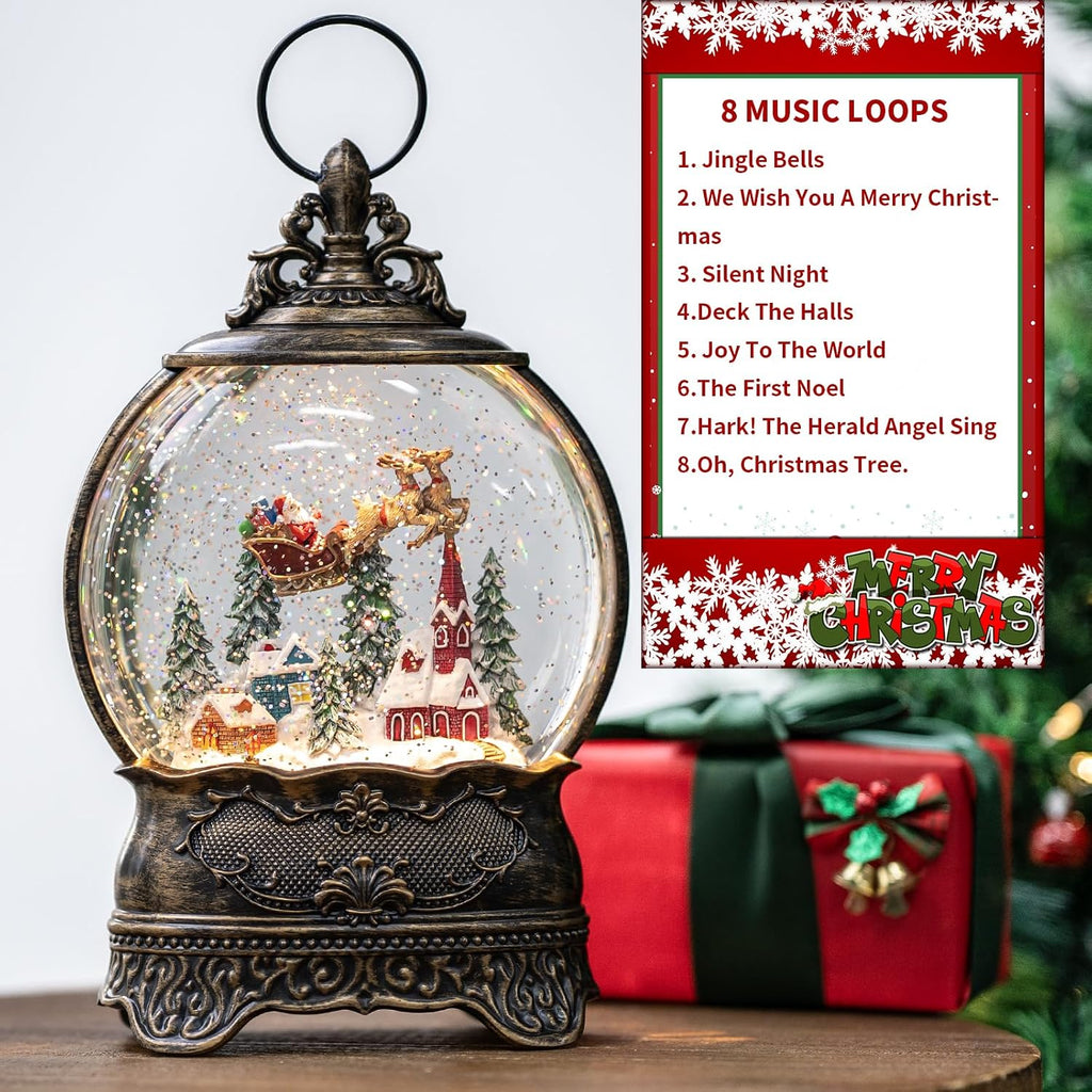 Christmas Village Snow Globe Lighted Flying Santa Scene, Musical Snow Water Lantern Swirling Glittering Home