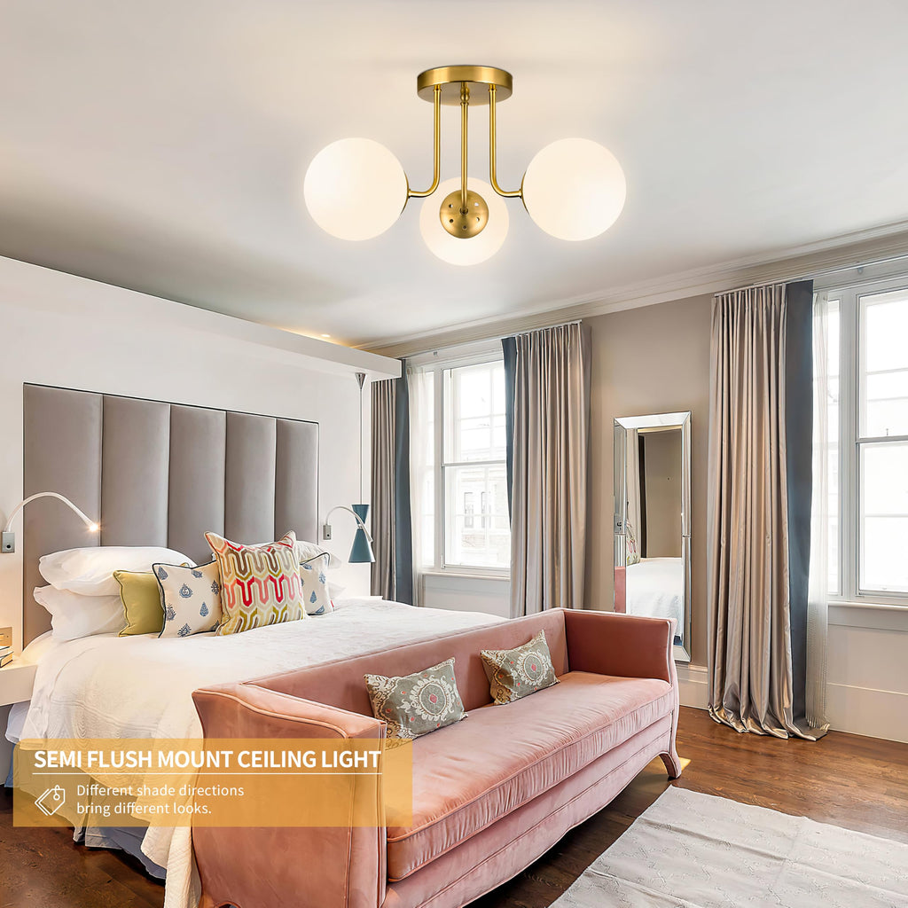 3-Light Semi Flush Mount Ceiling Light Globe Ceiling Light Mid Century Ceiling Light with Opal Milk Glass Globe &
