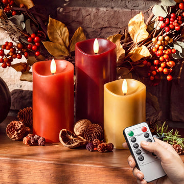 Fall Flameless Pillar Candles with Remote, Real Wax LED Candles, Set of 3