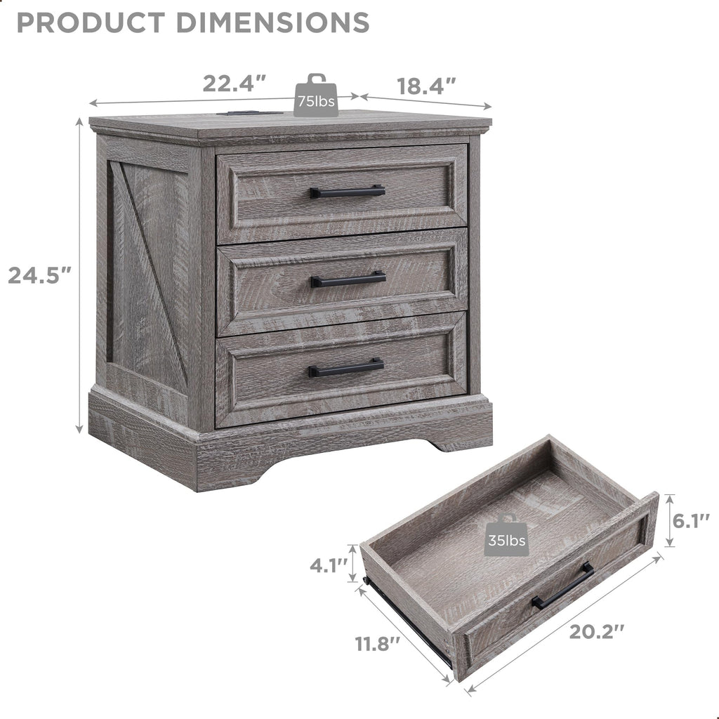 22" Farmhouse 3 Drawer Dresser, Grey