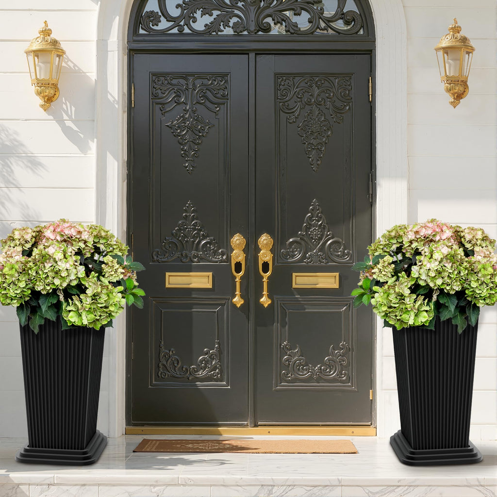 Set of 2 Tall Planters for Outdoor Plants, Black Ribbed
