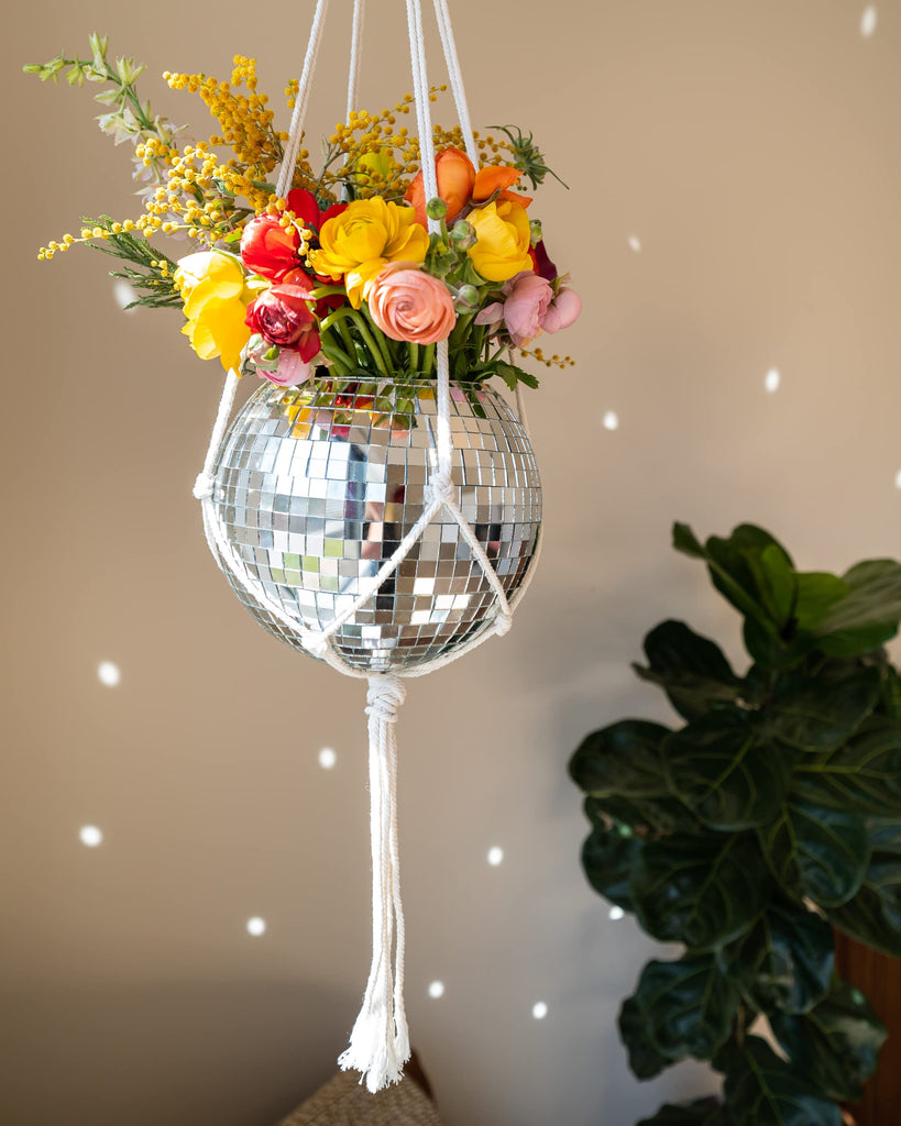 Disco Ball Planter 8" with Acrylic Base and Cotton Macrame Plant Hanger - Décor, Room Décor, Boho Décor, Disco