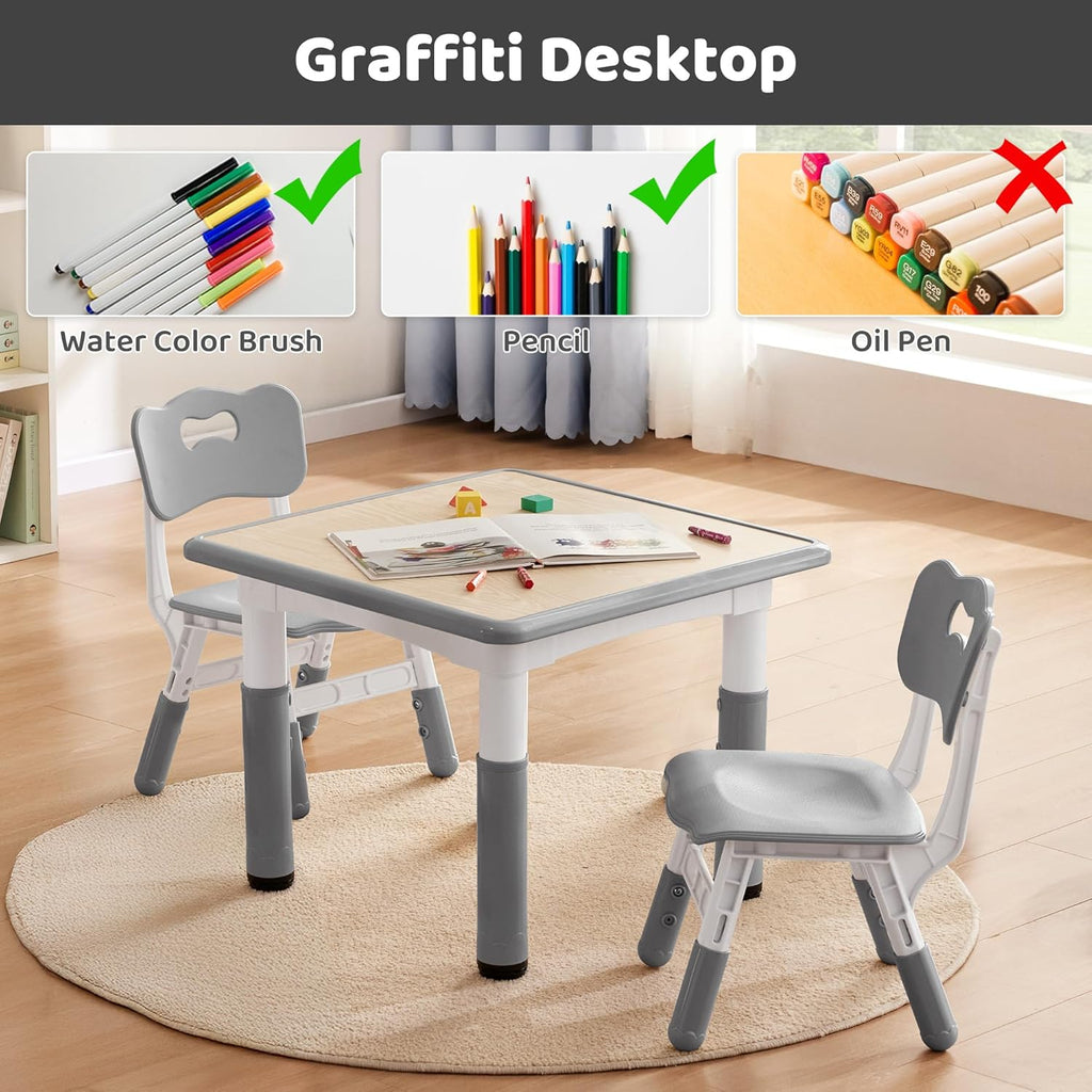 Kids Table & Chairs Set (2 Chairs) Height Adjustable for Ages 2-8 | Non-Slip Toddler Activity Table with Wipe-Clean