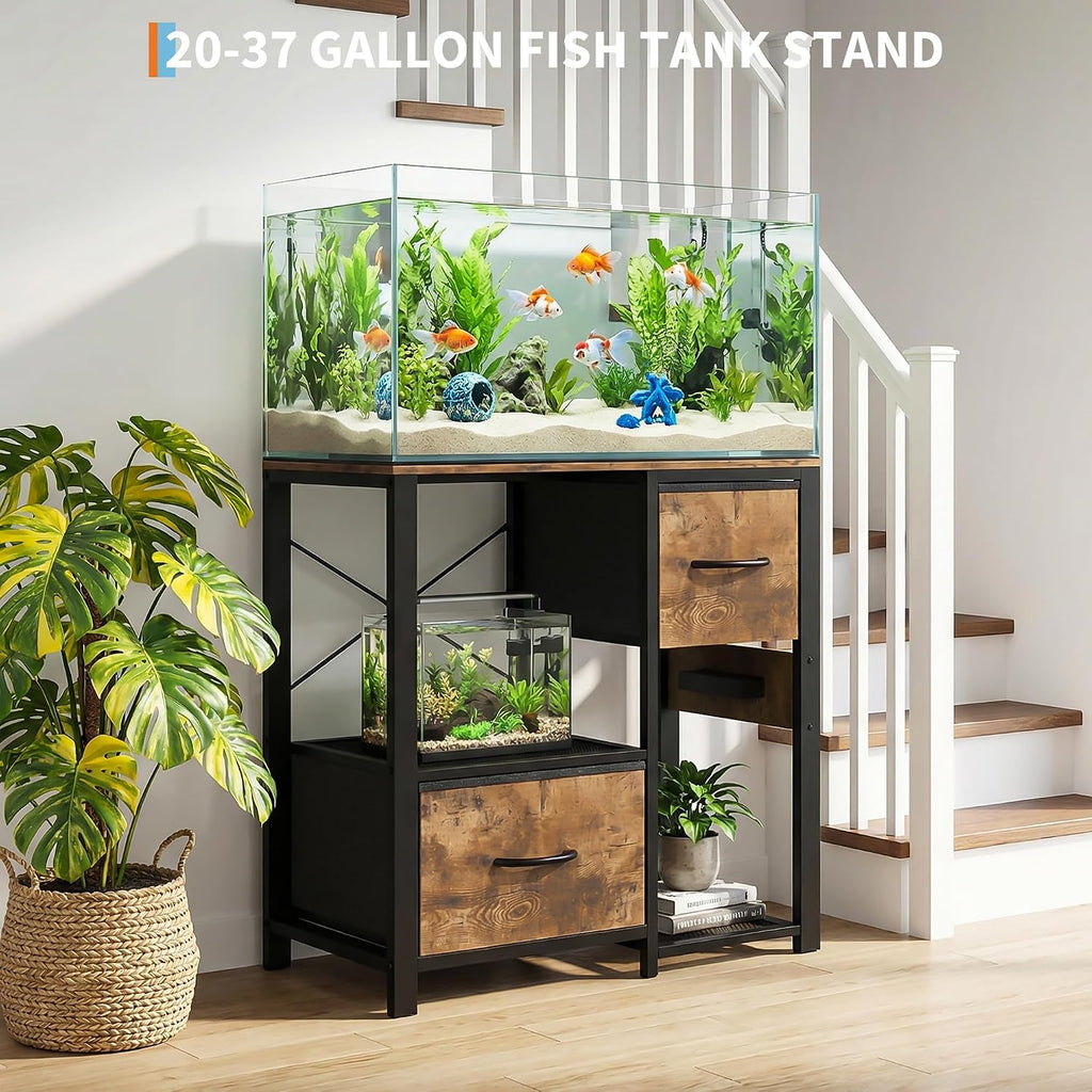 20-29 Gallon Fish Tank Stand, Aquarium Stand Shelf with 2 Drawers and Power Outlet, Heavy Duty Metal Frame, for Fish