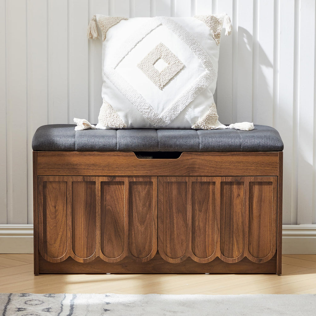 Shoe Storage Bench with Cushion, Entryway Shoe Cabinet Bench with 2 Scalloped Doors & Adjustable Shelf, 2-Tier Shoe