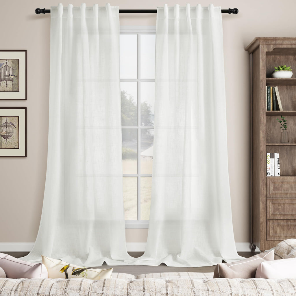 Solid Off White Curtains 96 Inches Long 2 Panels Back Tab Sheer Linen Curtain Modern Farmhouse Coastal Decor White