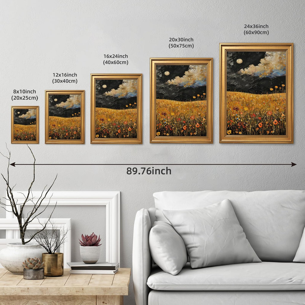 Gold Framed Yellow Wildflowers Field Painting Abstract Night Sky Moon Wall Art Canvas Print Vintage Floral Picture