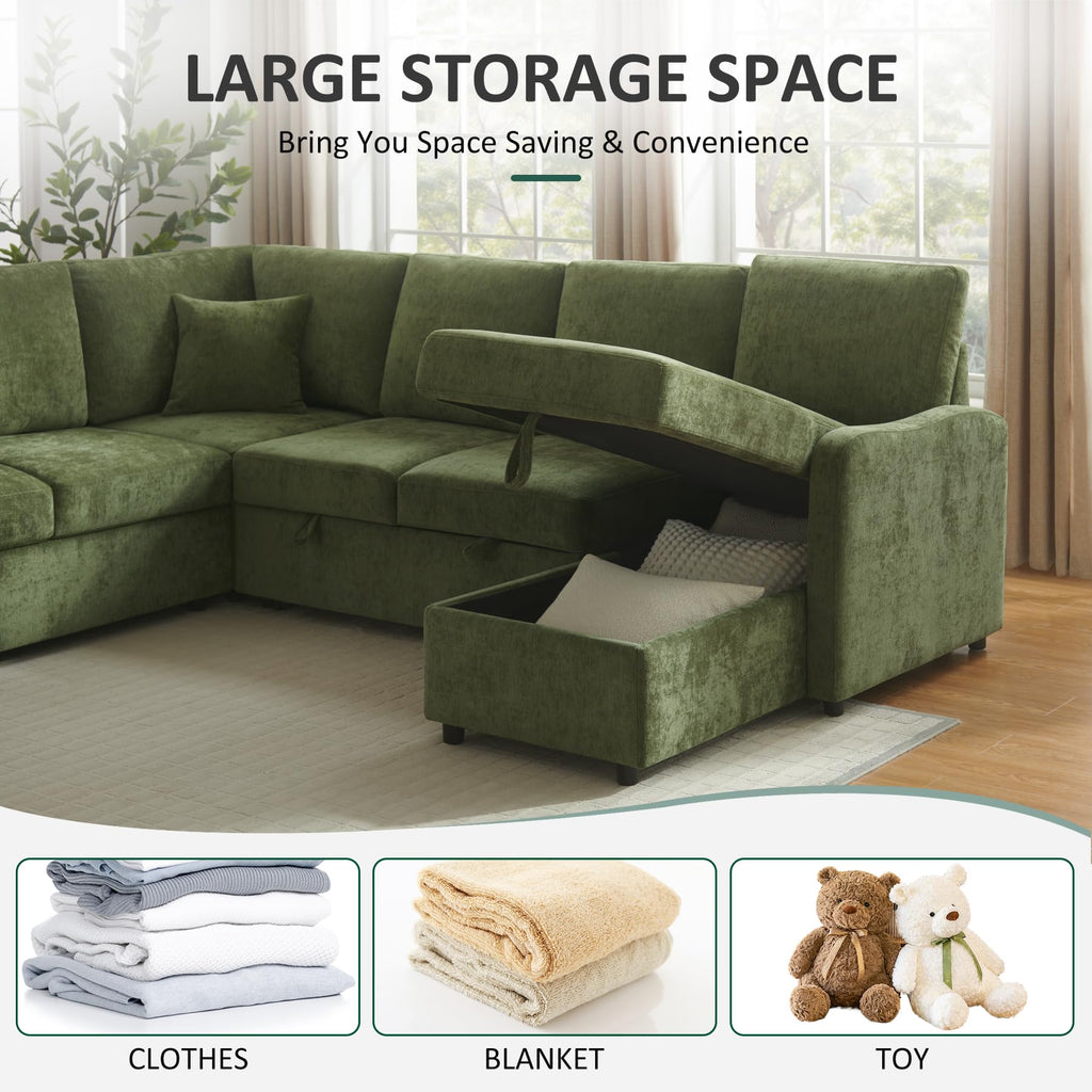 7 Seater 112'' Sectional Sleeper Sofa with Storage, Chenille Olive