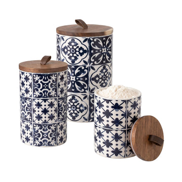 Ceramic Kitchen Canister Set w/Lids Medallions, Blue, 3PC