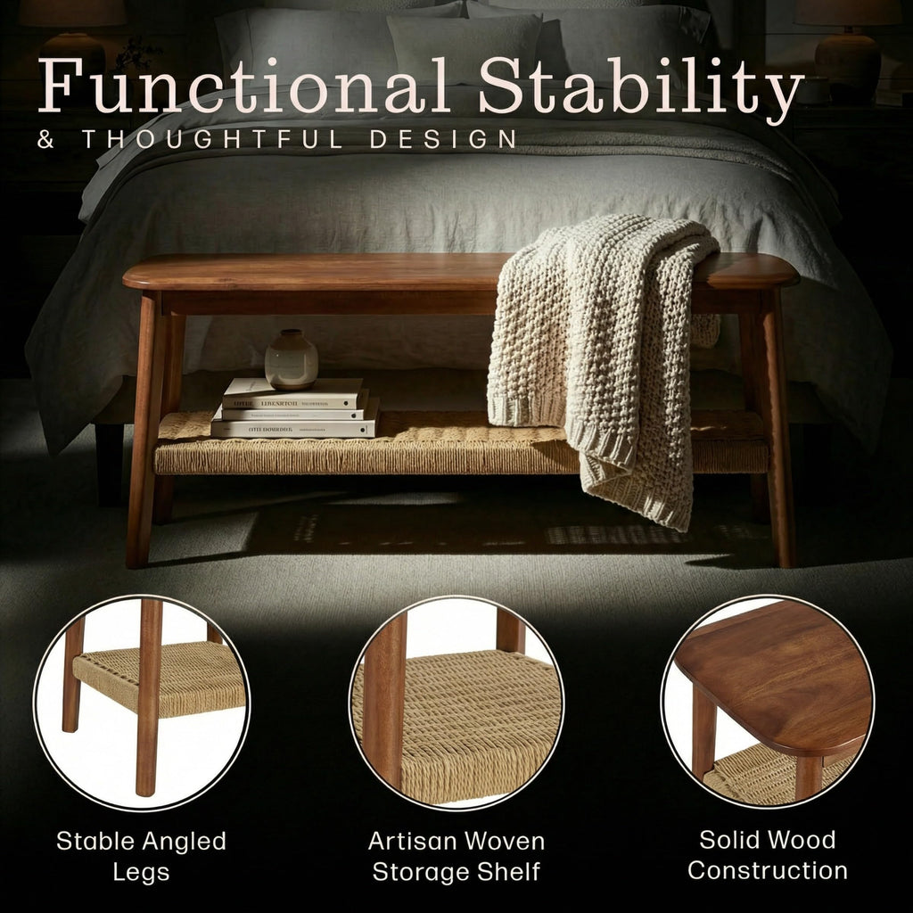 Calais Solid Wood Entryway Bench with Woven Storage Shelf, Chestnut, 48"