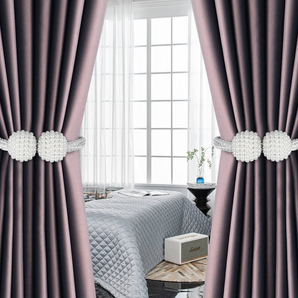 Magnetic Curtain Tiebacks with Pearls,Elegant Window Treatment Holdbacks for Heavy Outdoor Drapes (Grey) - 8 Pack