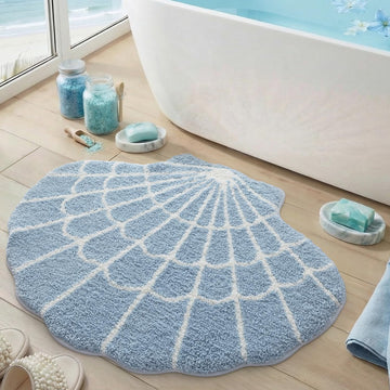 Cute Seashell Bath Mat, Coastal Scallop Bathroom Rug, 31x24 Blue