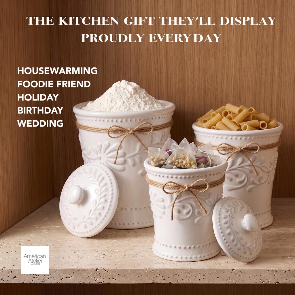Ceramic Canister Set w/Lids Bianca Leaf, White 3PC