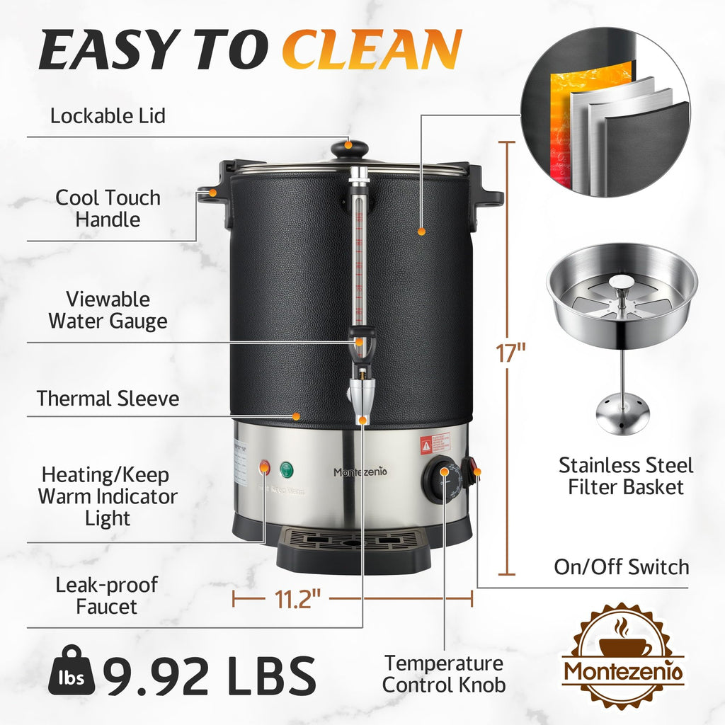 100 Cup Commercial Coffee Urn with Temp Control, Extra Large Coffee Maker | 1500W Double Insulated 304 Stainless