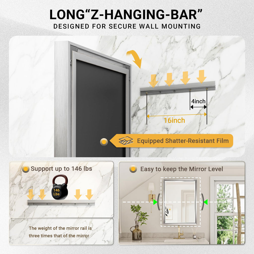 60'' x 36'' Large Beveled Silver Bathroom Vanity Mirror, Shatterproof Rectangle Silver Metal Framed Mirror Wall