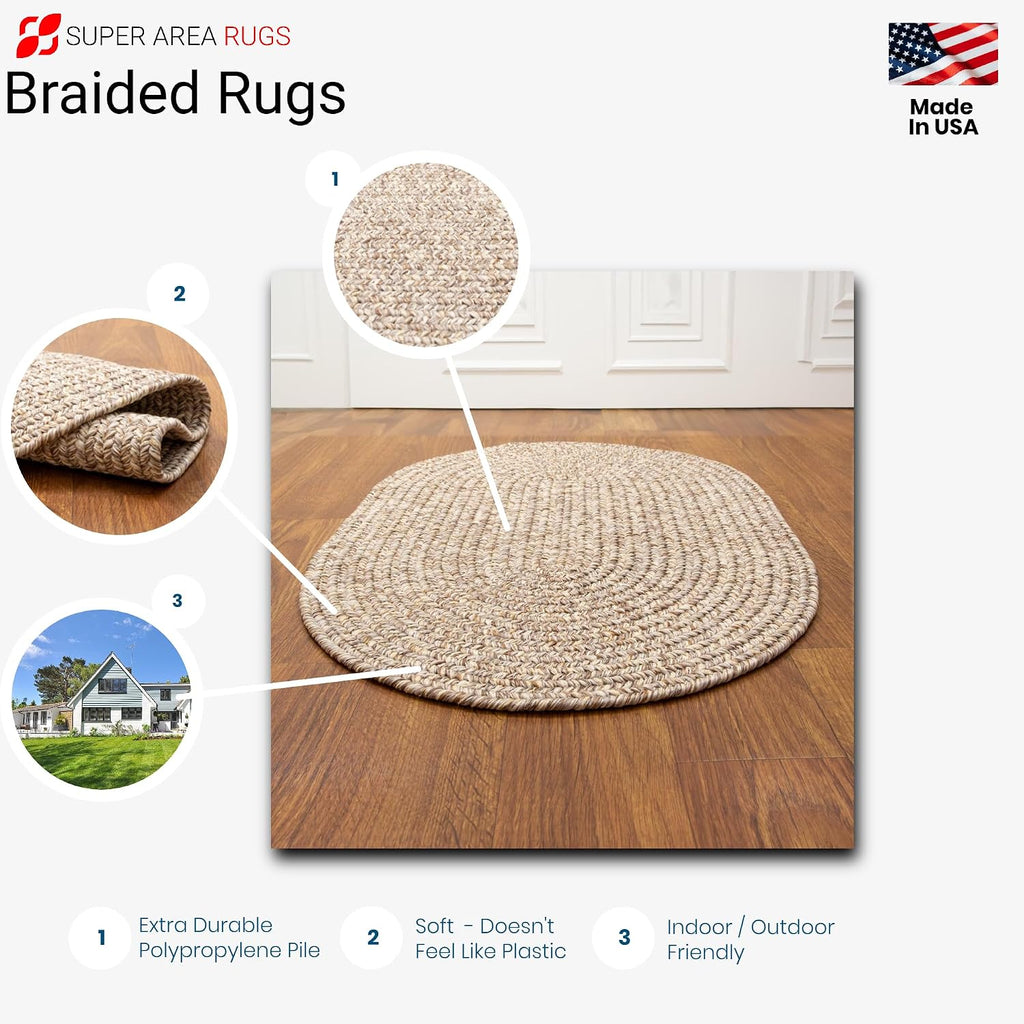 Rustic Farmhouse Living Indoor/Outdoor Reversible Braided Rug - Made in USA - Beige Mix 2' X 3' Oval