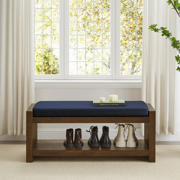 Shoe Storage Bench, 2-Tier Farmhouse Entryway Benches with Removable Cushion, Wooden Upholstered End of Bed Seat