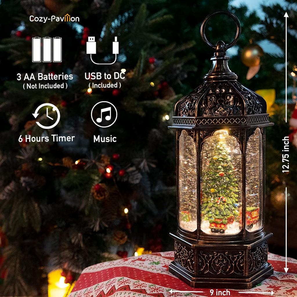 Musical Christmas Tree Snow Globe with Timer, Decorative Trains Rotate with Music, Christmas Ornaments Music Box