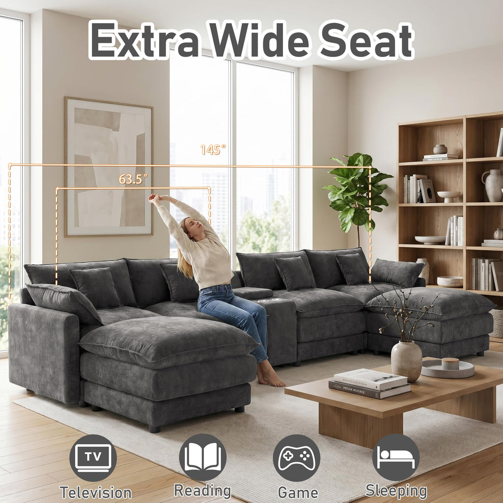 145" Oversized U-Shaped Cloud Sectional Sofa, Grey