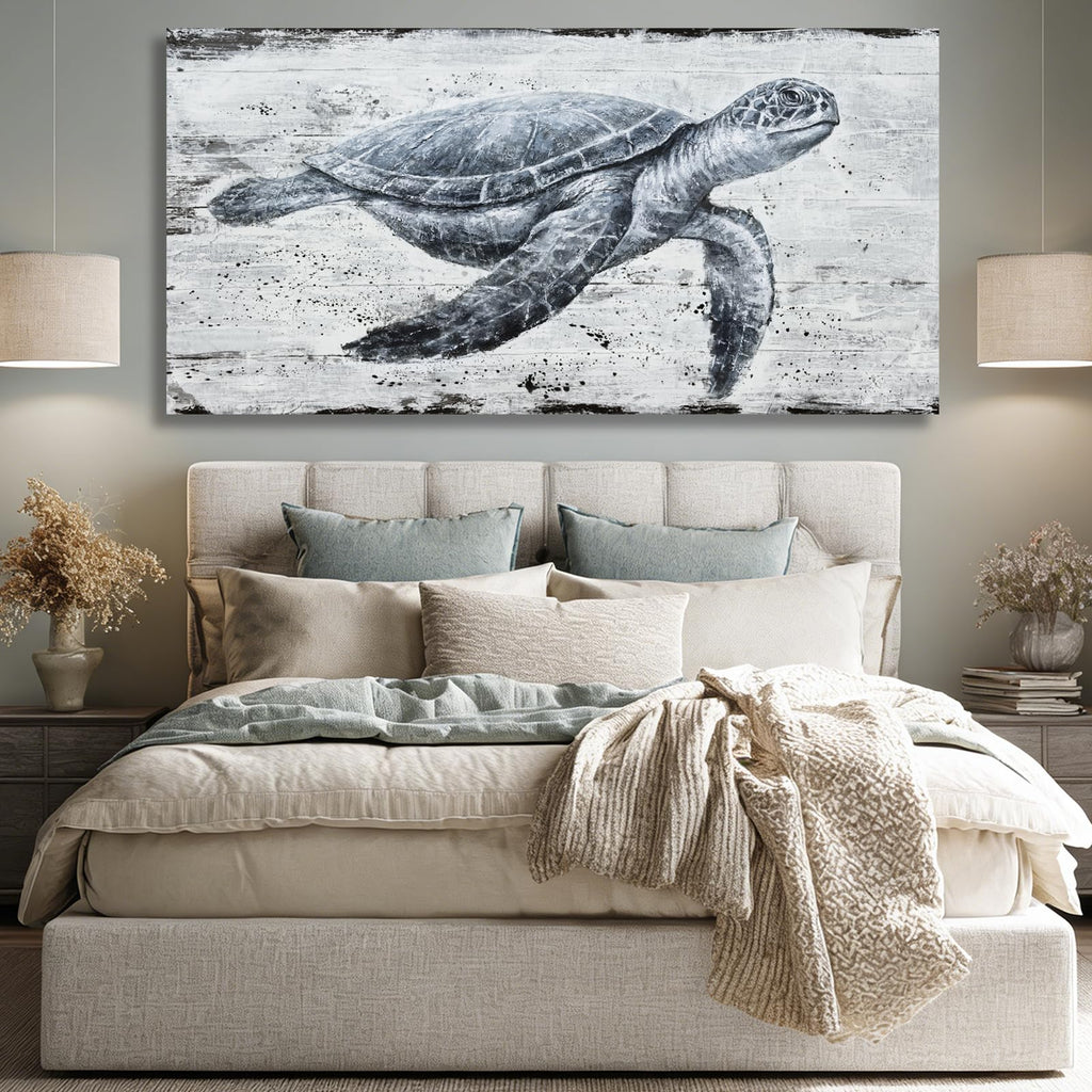 Marine Turtle Canvas Wall Art Coastal Living Room 29x58 Inch