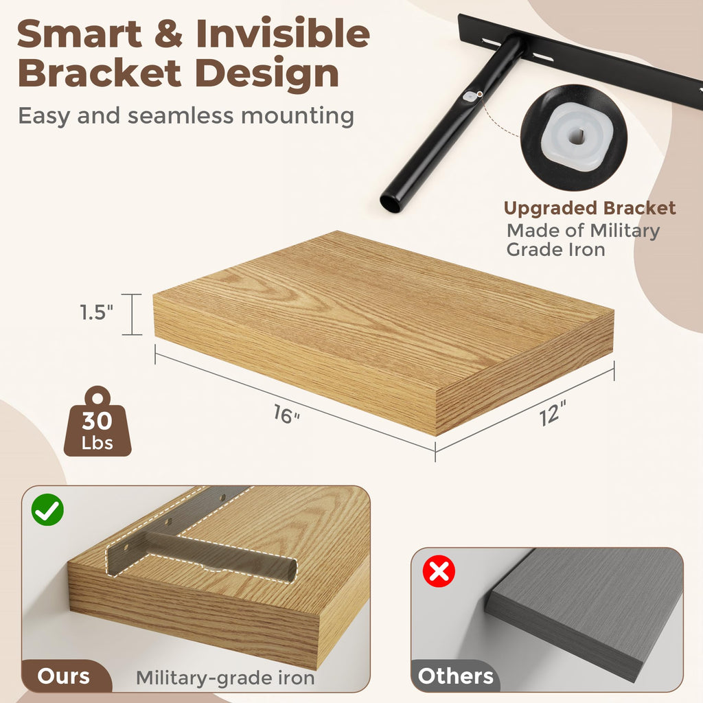 Floating Shelves for Wall, 12 x 16 Floating Shelf for Books, Rustic Wood Deep Storage Wall Shelf with Invisible