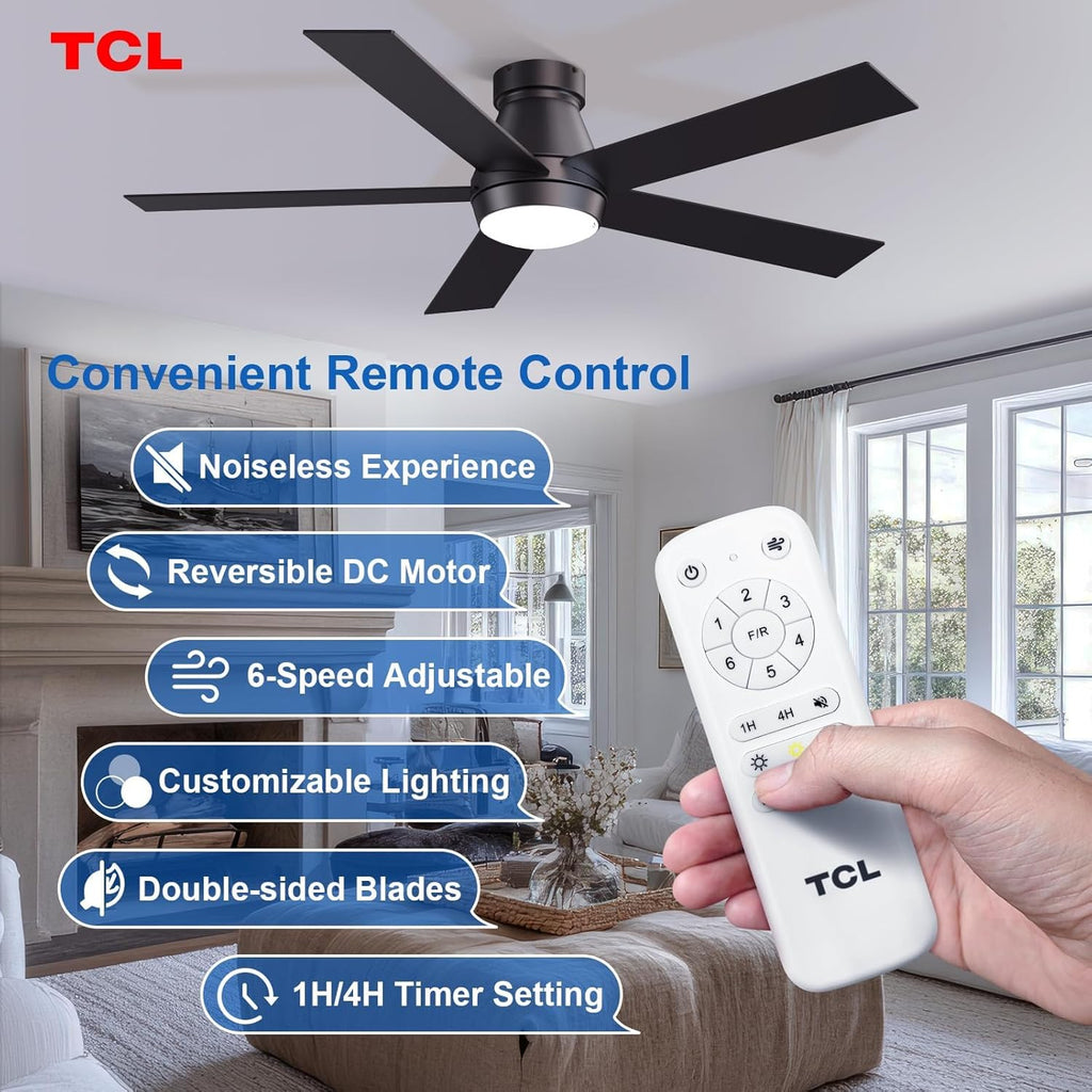 52" Ceiling Fan with Lights, Black Flush Mount Ceiling Fans with Remote Control, 6 Speeds DC Reversible, Dimmable, Noiseless, Low Profile Ceiling Fans for Bedroom A101-B0D4Z9M7T7