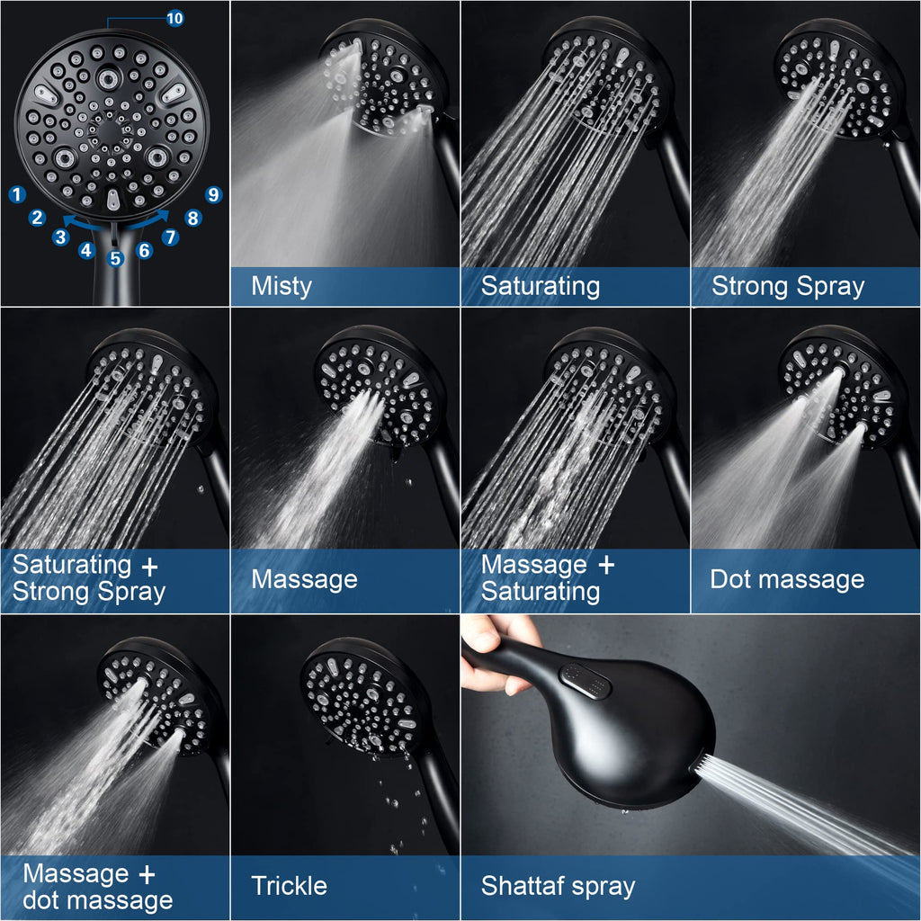 Shower Head with Handheld,High Pressure, 10 Spray Modes, Black